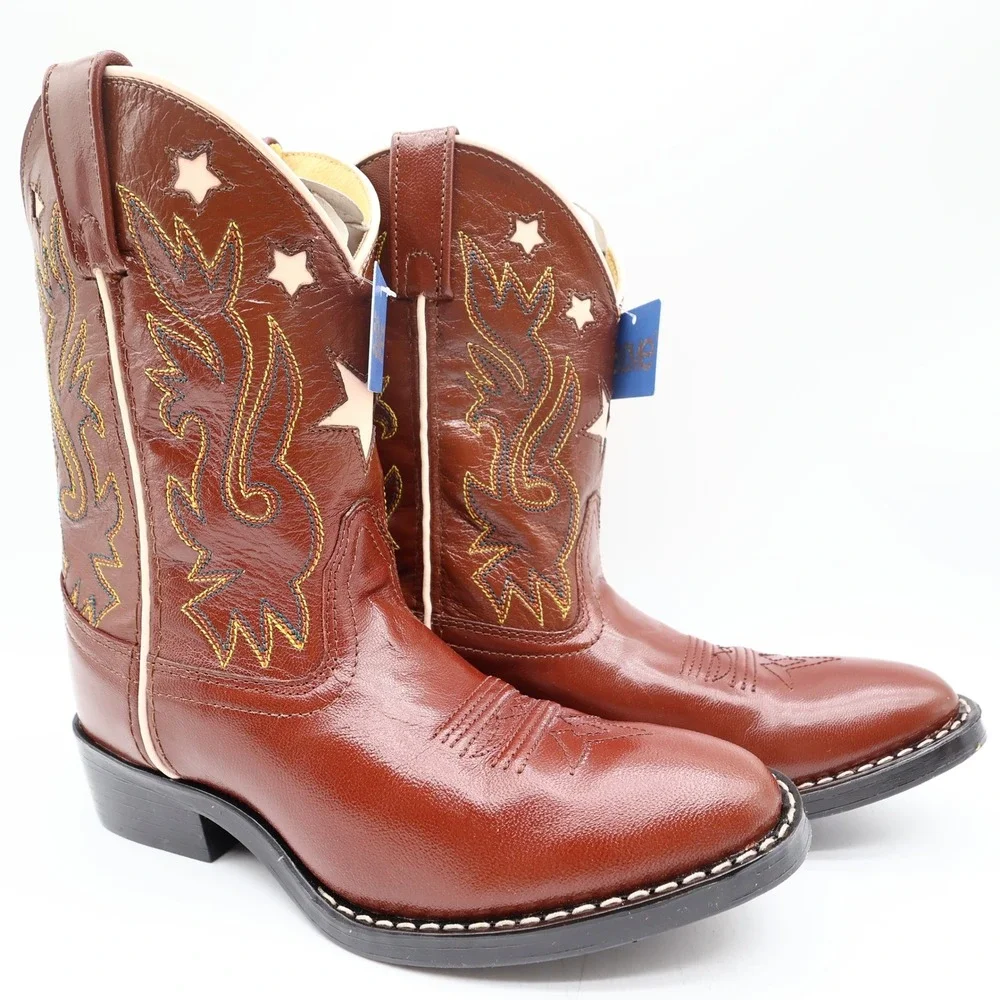 Acme Vintage Style Western Boots Kids 3 Brown Leather NWT AC146 Star Inlay